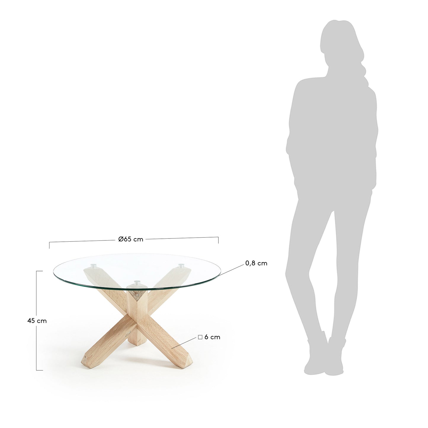 Mesa de centro Lotus Ø 65 cm cristal patas madera maciza de roble