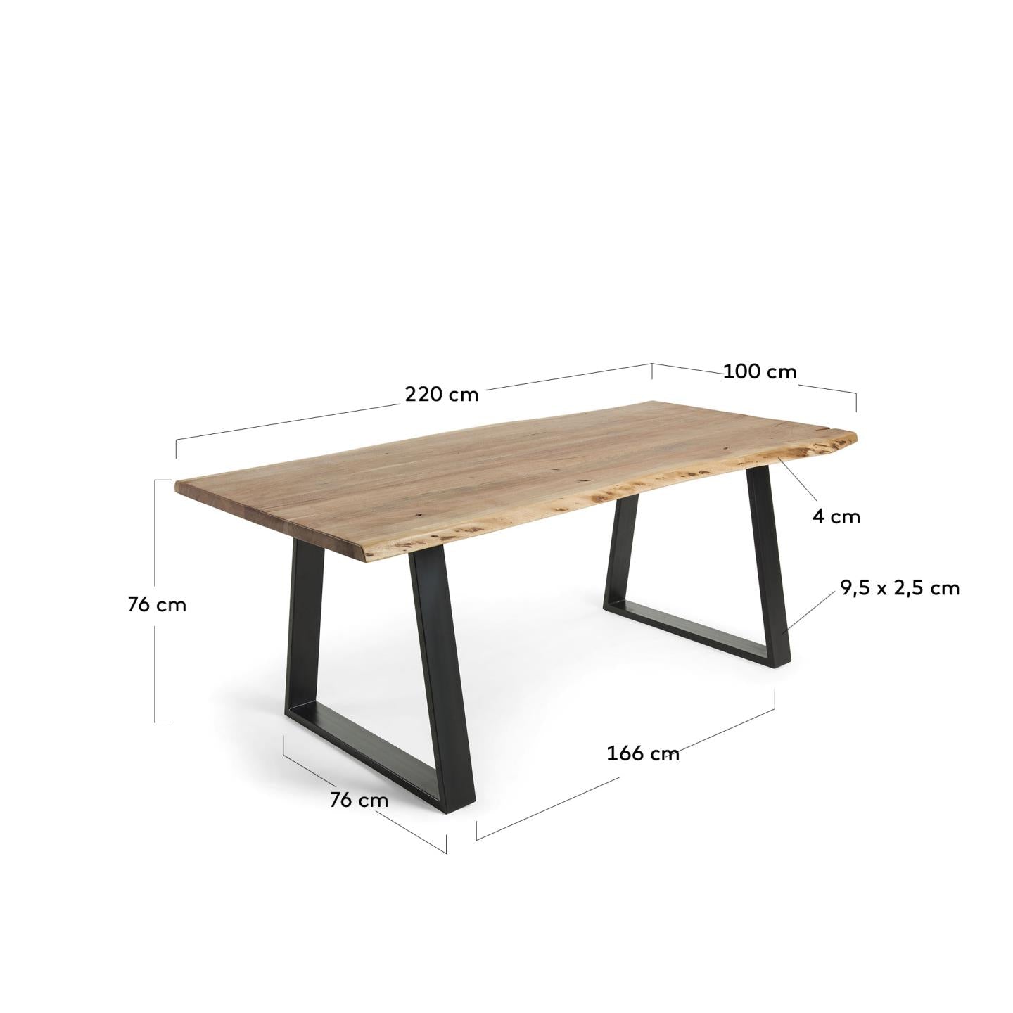 Mesa Alaia de madera maciza de acacia y patas de acero negro 220 x 100 cm