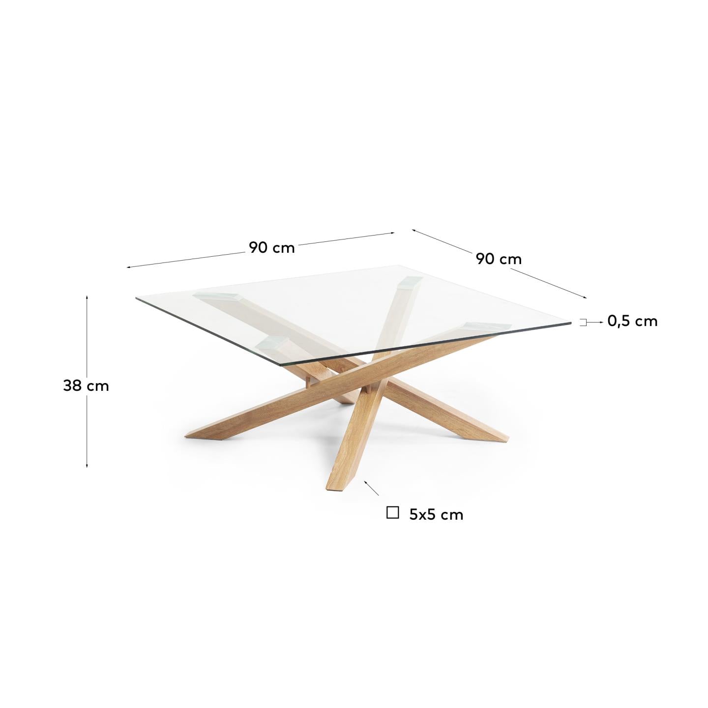 Mesa de centro Kamido cristal y patas de acero efecto madera 90 x 90 cm