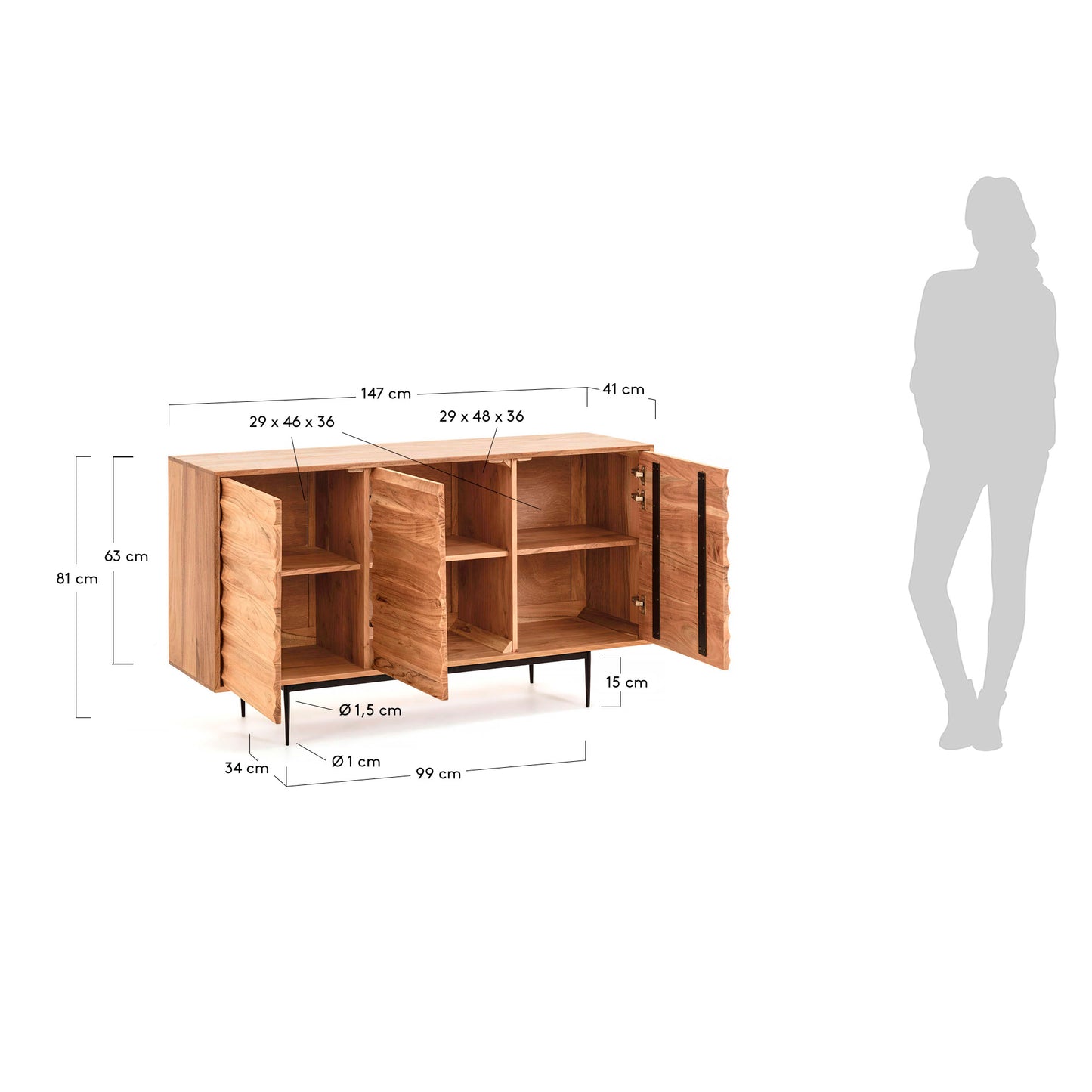 Aparador Delsie 3 puertas de madera maciza de acacia y acero pintado negro 147 x 81 cm