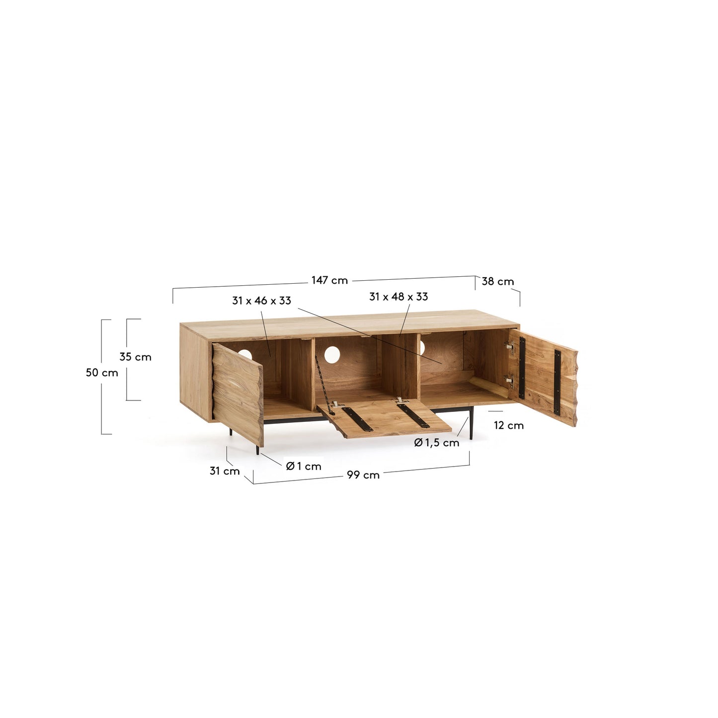 Mueble TV Delsie 3 puertas de madera maciza de acacia y acero acabado negro 147 x 50 cm
