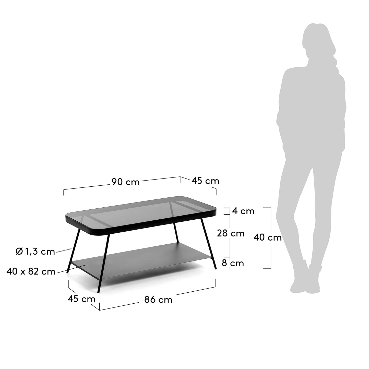 Mesa de centro Duilia cristal gris ahumado y estructura de acero acabado negro 90 x 45 cm