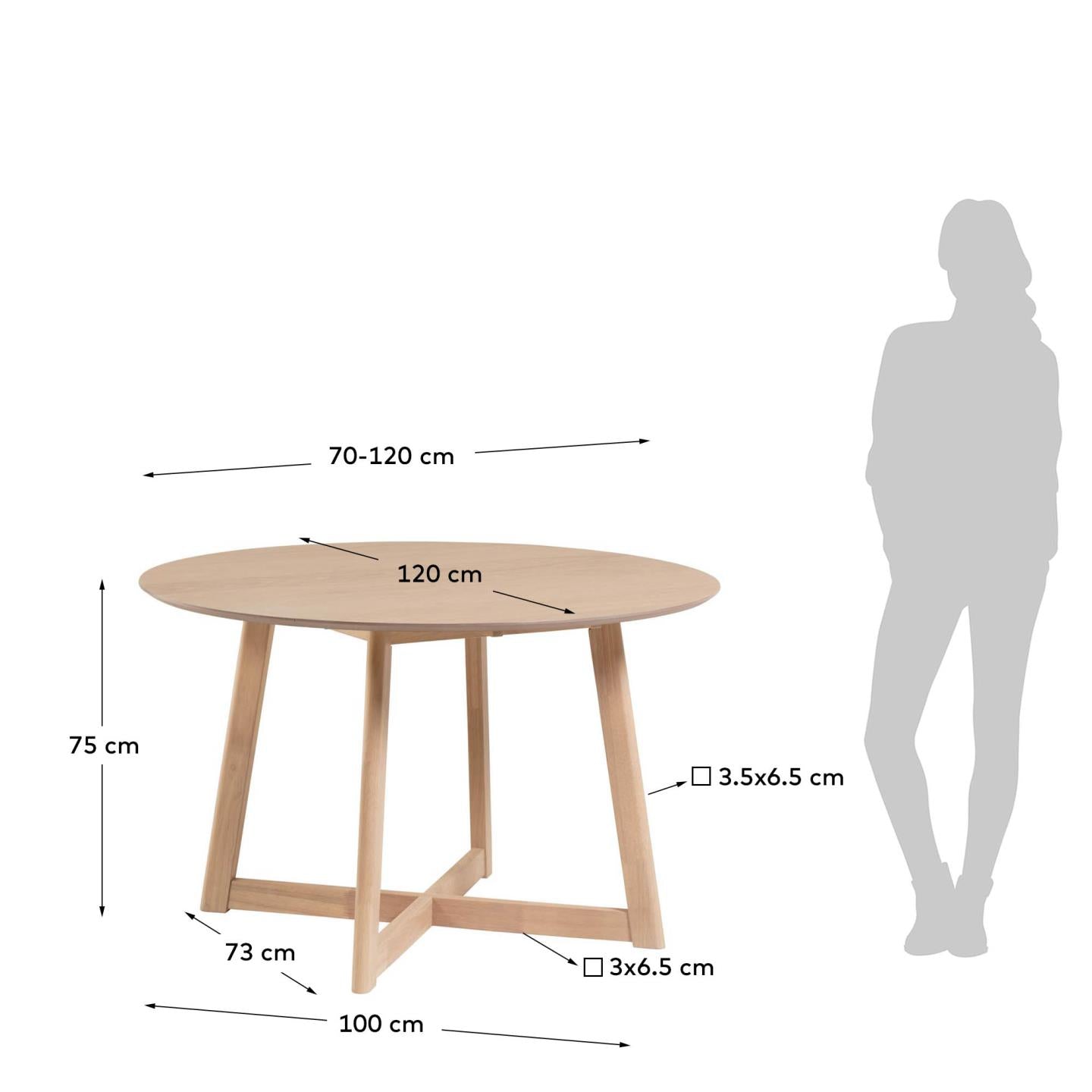 Mesa extensible redonda Maryse 70 (120) x 75 cm chapa de roble patas madera maciza caucho