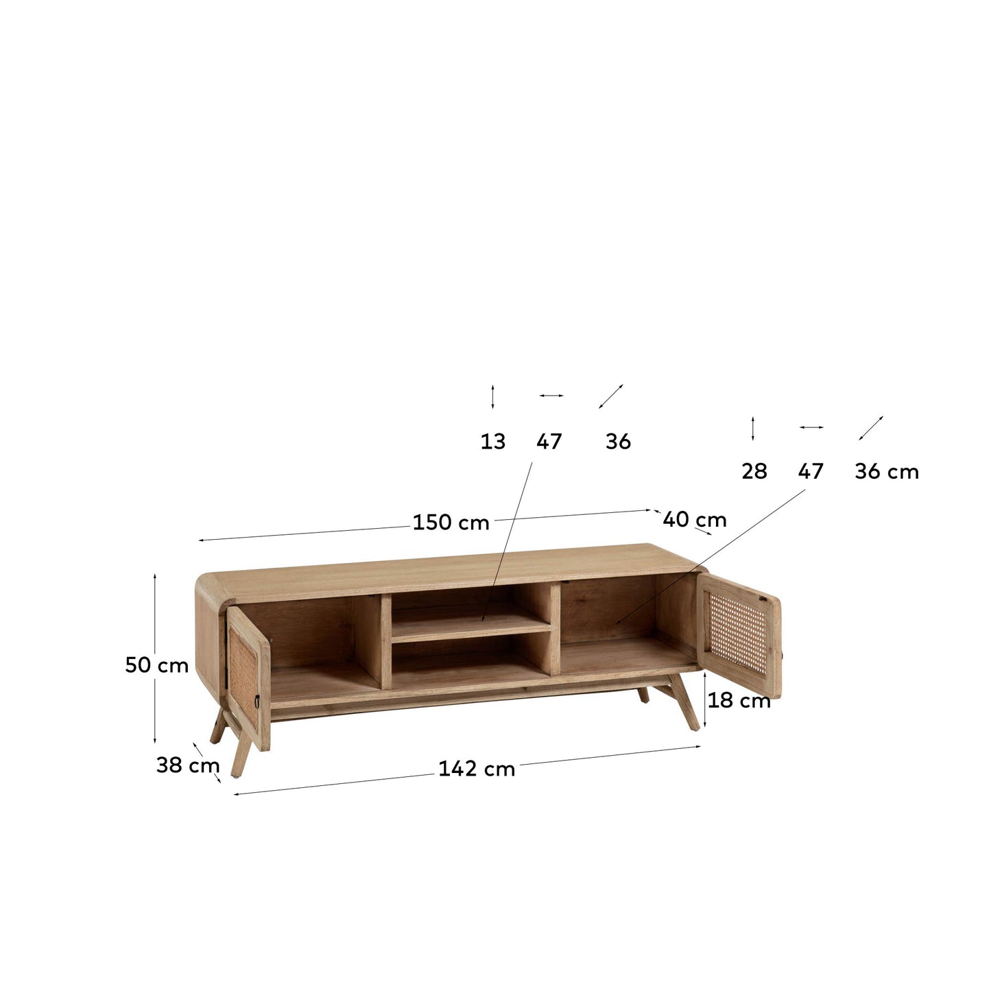 Mueble TV Nalu 2 puertas de madera maciza de mindi y ratán 150 x 50 cm