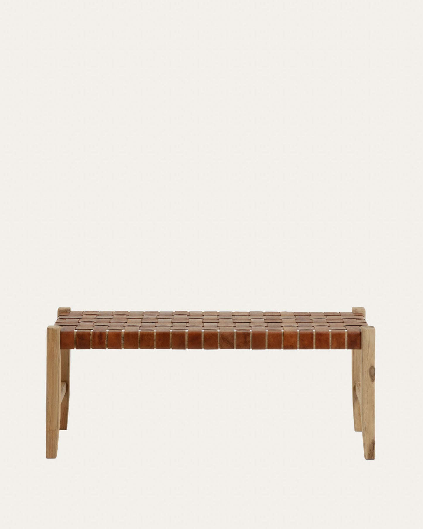 Banco Calixta de piel y madera maciza de teca con acabado natural 120 cm
