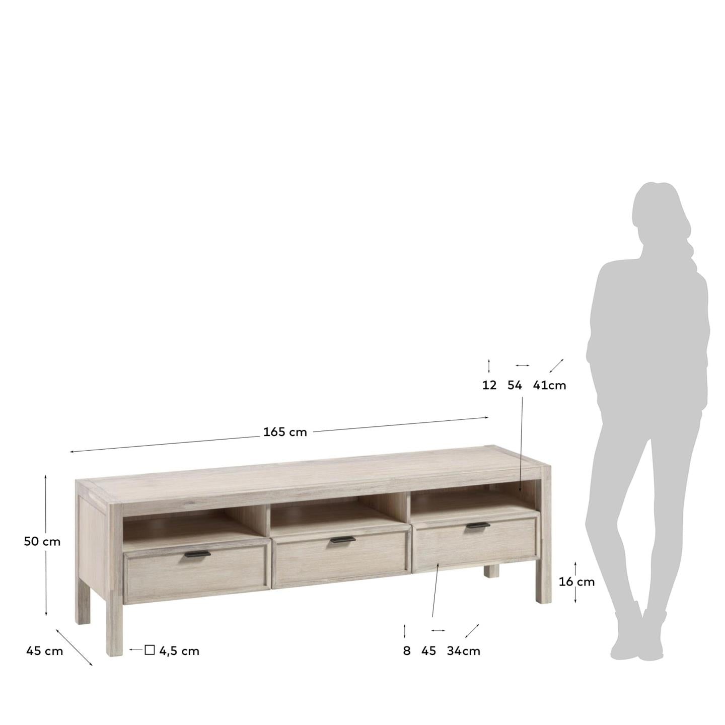Mueble TV Alen 3 cajones de madera maciza de acacia 165 x 50 cm