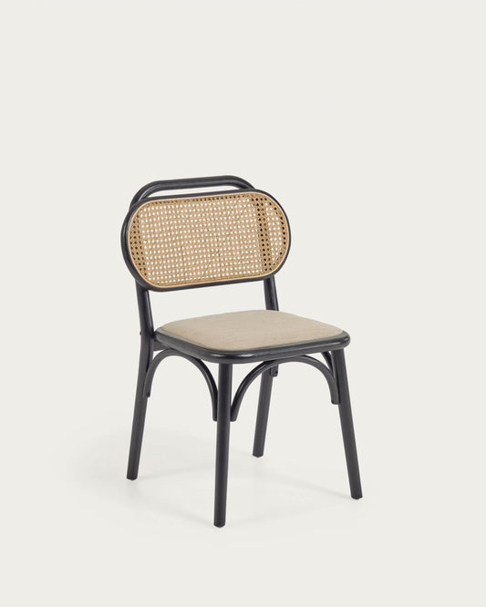 Silla Doriane de madera maciza de olmo lacado negro y asiento de tela