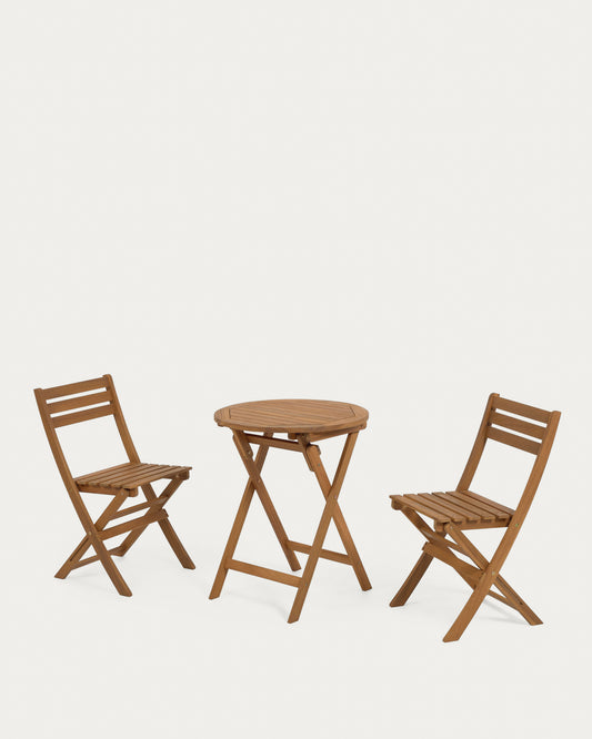 Set de exterior Elisia de mesa y 2 sillas plegables de madera maciza acacia FSC 100%