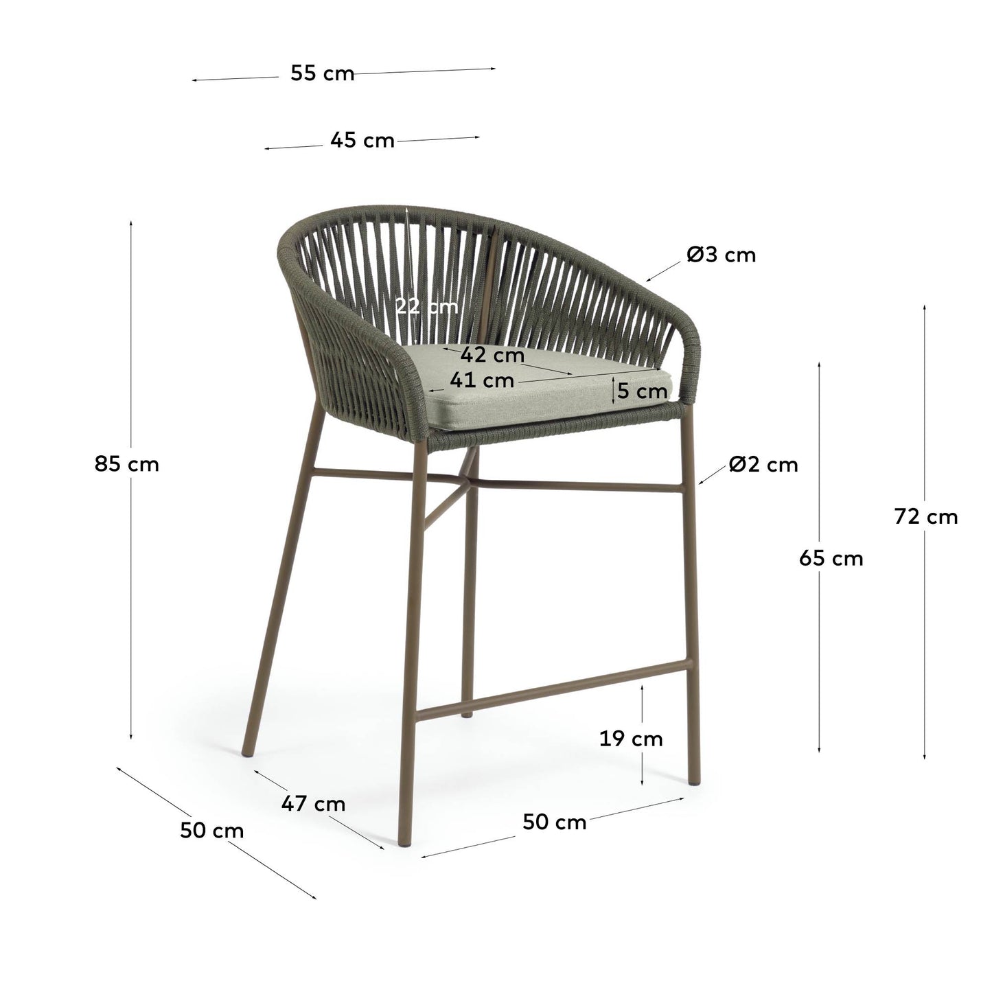 Taburete Yanet de cuerda verde y acero galvanizado altura 65 cm