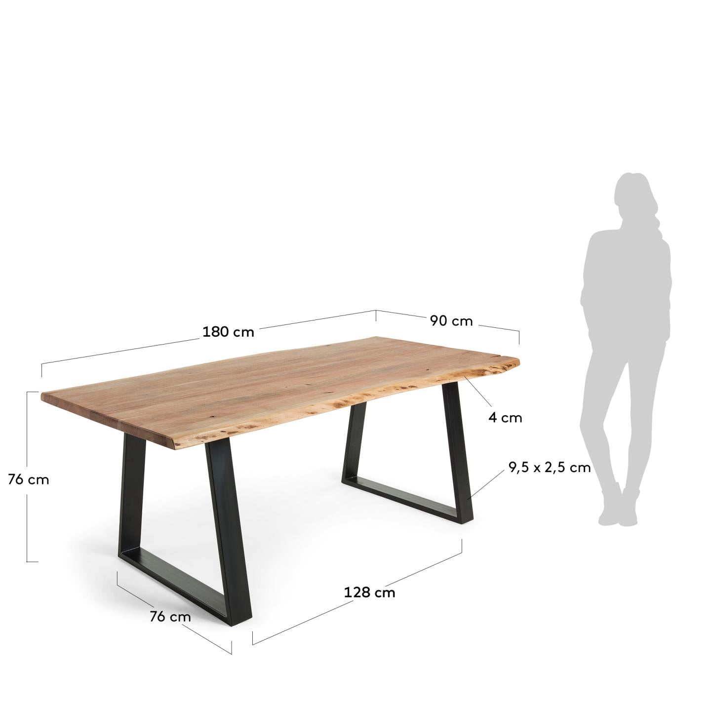 Mesa Alaia de madera maciza de acacia y patas de acero negro 180 x 90 cm