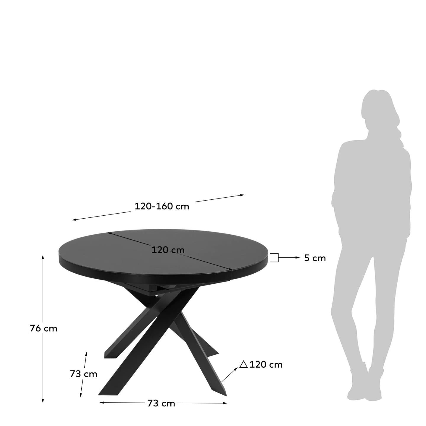 Mesa extensible redonda Vashti de cristal y patas de acero acabado negro Ø 120 (160) cm