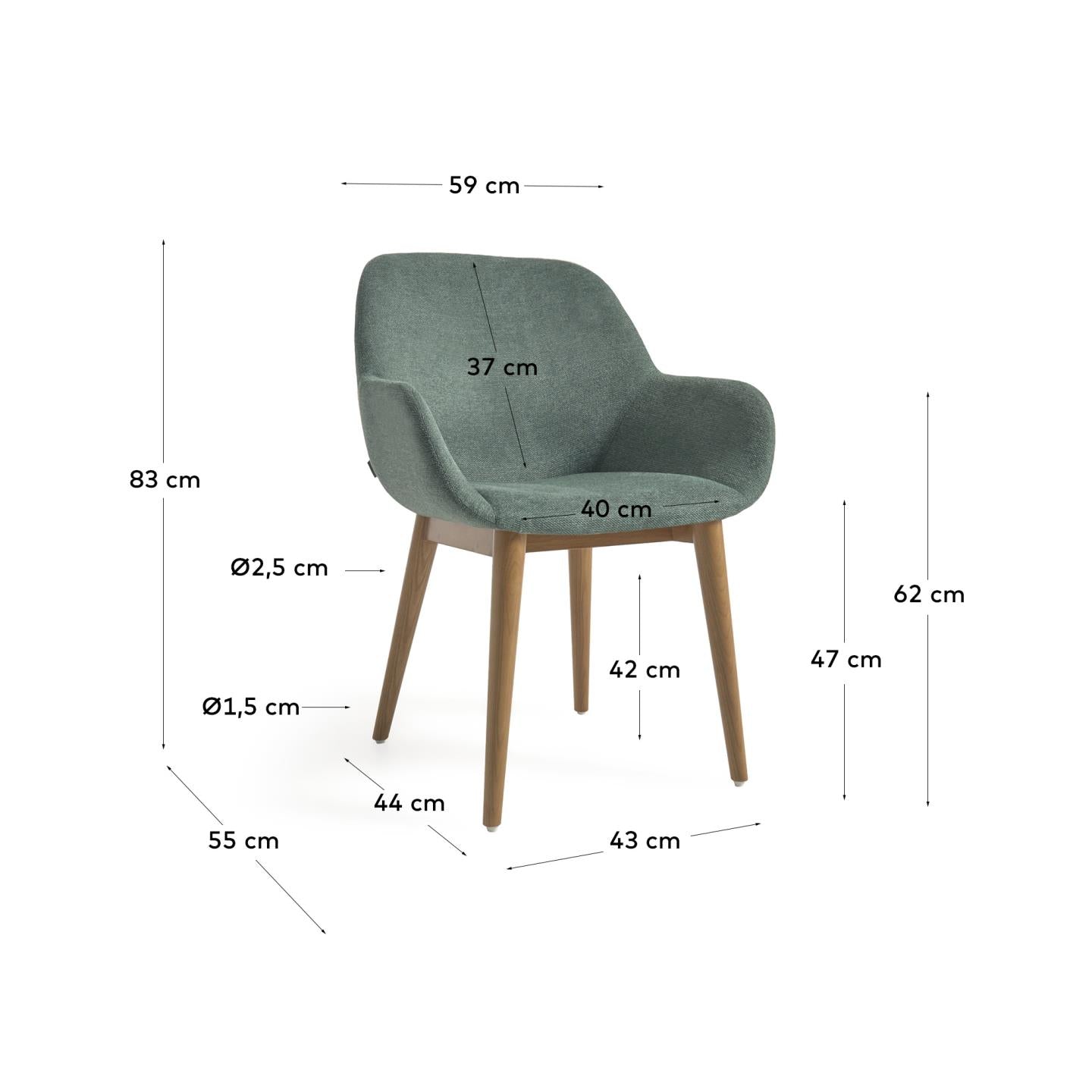 Silla Konna verde y patas de madera maciza de fresno acabado oscuro