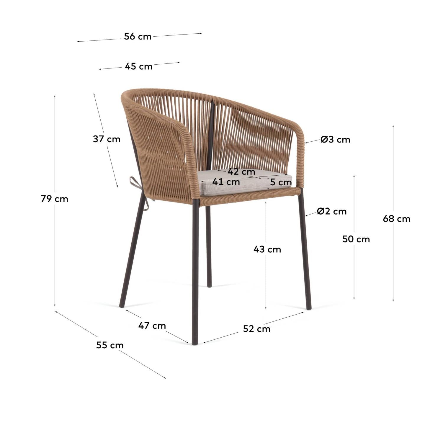 Silla Yanet de cuerda beige y patas de acero galvanizado