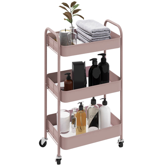 HOMCOM Carrito Auxiliar con Ruedas Carrito de Almacenamiento con 3 Cestas y Marco de Acero para Salón Dormitorio Oficina Cocina 45x30,6x79 cm Rosa