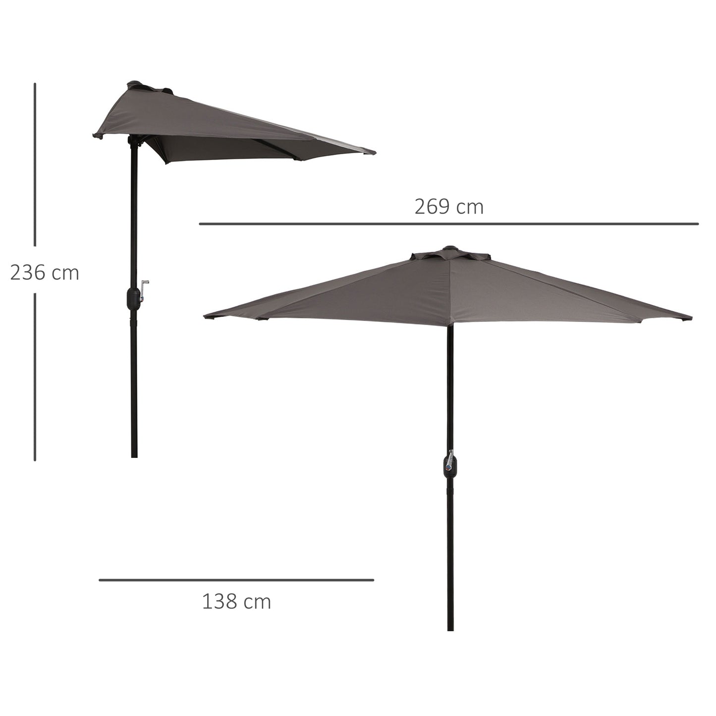 Outsunny Sombrilla 269x138x236 cm Parasol de Jardín con Manivela y Forma Semicircular para Exterior Terraza Patio Piscina Gris