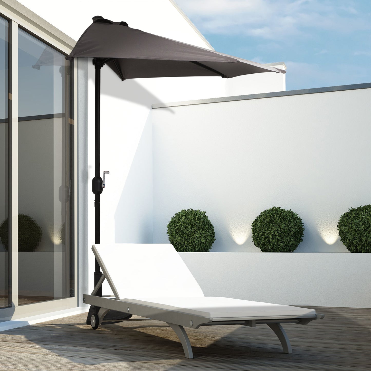 Outsunny Sombrilla 269x138x236 cm Parasol de Jardín con Manivela y Forma Semicircular para Exterior Terraza Patio Piscina Gris