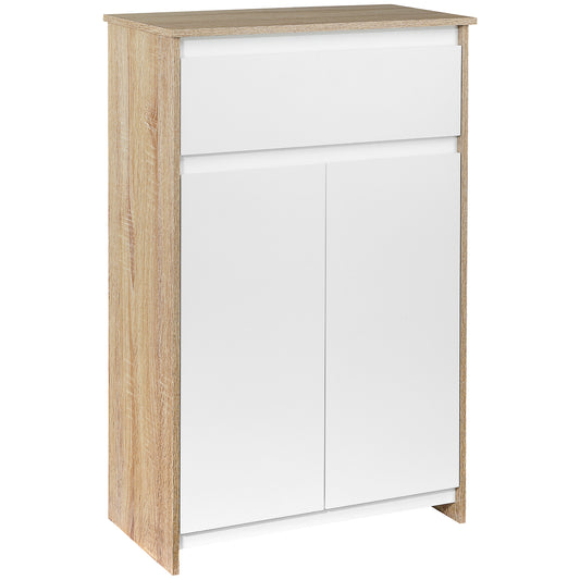 kleankin Armario Auxiliar de Baño con 1 Cajón y 2 Puertas Mueble Auxiliar de Baño para Salón Aseo Dormitorio Estilo Moderno Antivuelco 60x30x90 cm Blanco y Natural