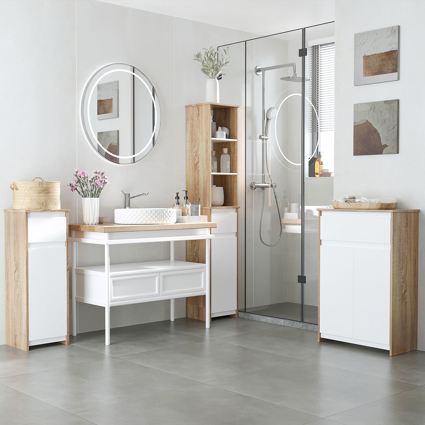 kleankin Armario Auxiliar de Baño con 1 Cajón y 2 Puertas Mueble Auxiliar de Baño para Salón Aseo Dormitorio Estilo Moderno Antivuelco 60x30x90 cm Blanco y Natural