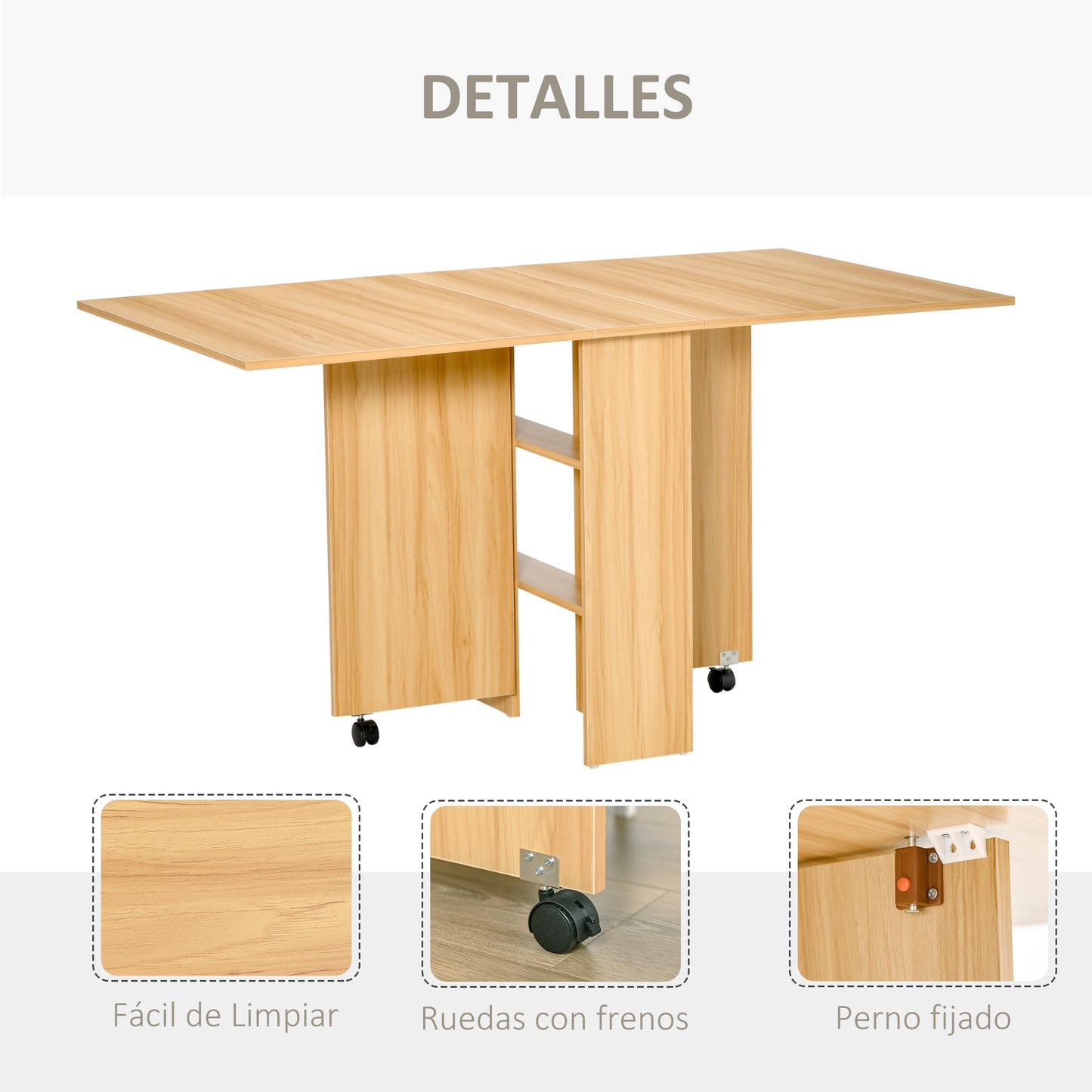 HOMCOM Mesa de Comedor Plegable Mesa de Madera con 2 Solapas 2 Estantes de Almacenaje y Ruedas para Cocina 140x80x74cm cm Madera