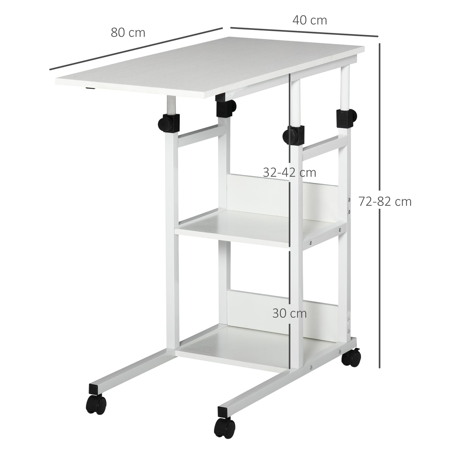 HOMCOM Mesa Auxiliar con Ruedas 80x40 cm Mesa para Sofá en Forma de C con Altura Ajustable 3 Niveles de 72-82 cm Marco de Metal para Salón Cocina Blanco