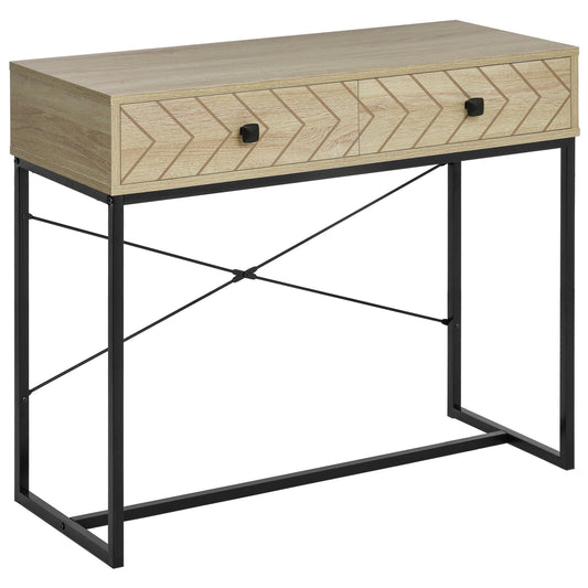 HOMCOM Mesa de Consola 90x35x76 cm Mesa de Entrada con 2 Cajones de Almacenamiento Decorativos y Estructura de Metal para Recibidor Pasillo Salón Color Natural