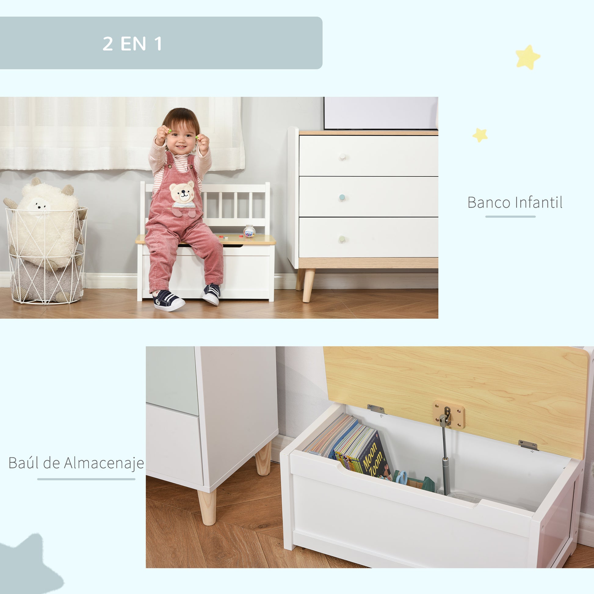Baúl de juguete para niño Homcom blanco 60x30x50 cm