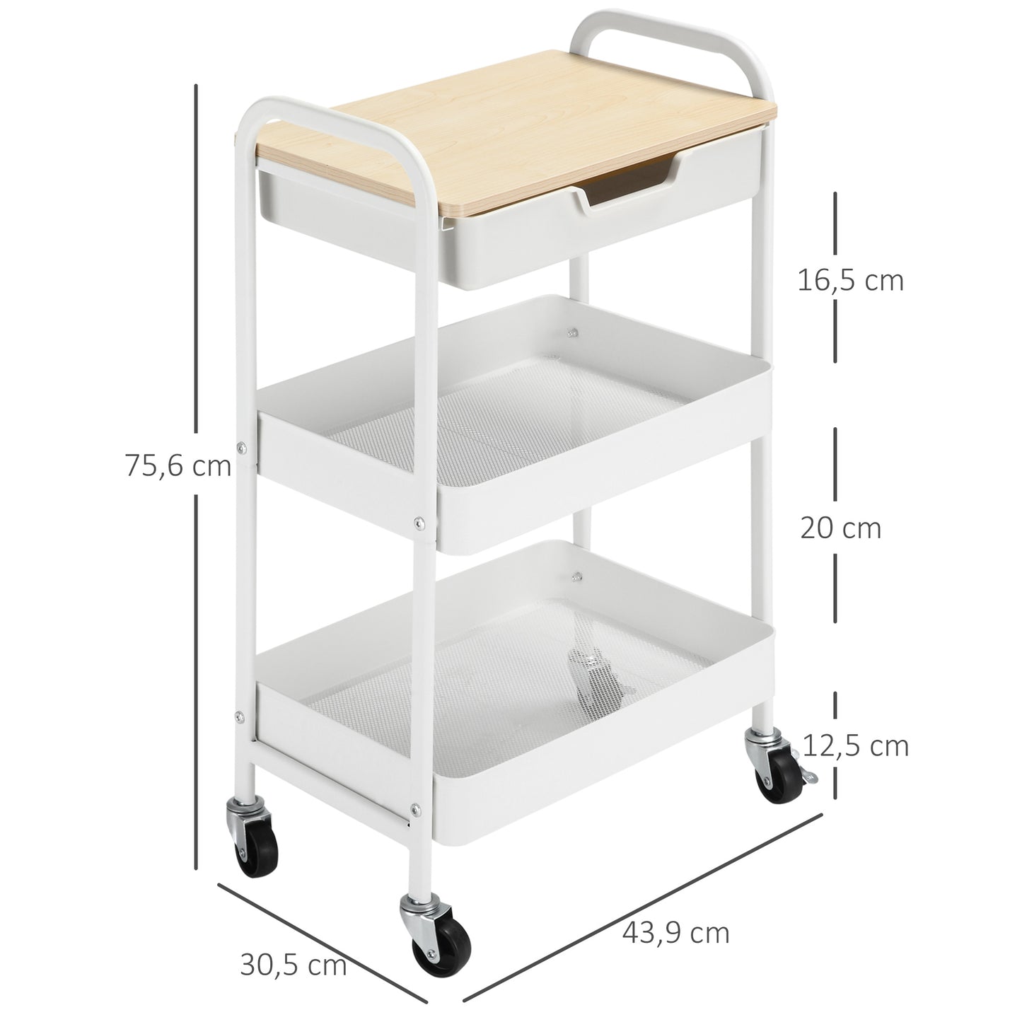 HOMCOM Carrito de Cocina con Ruedas Carro de Almacenamiento con Cajón Extraíble 2 Cestas y Frenos para Baño Salón Dormitorio 43,9x30,5x75,6 cm Blanco