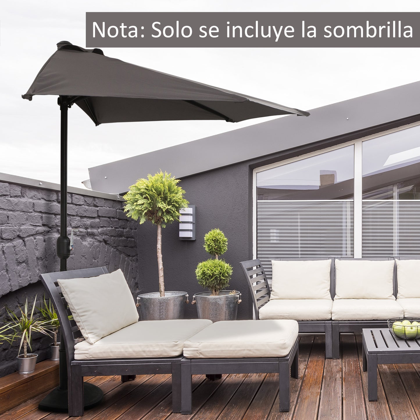 Outsunny Sombrilla 269x138x236 cm Parasol de Jardín con Manivela y Forma Semicircular para Exterior Terraza Patio Piscina Gris