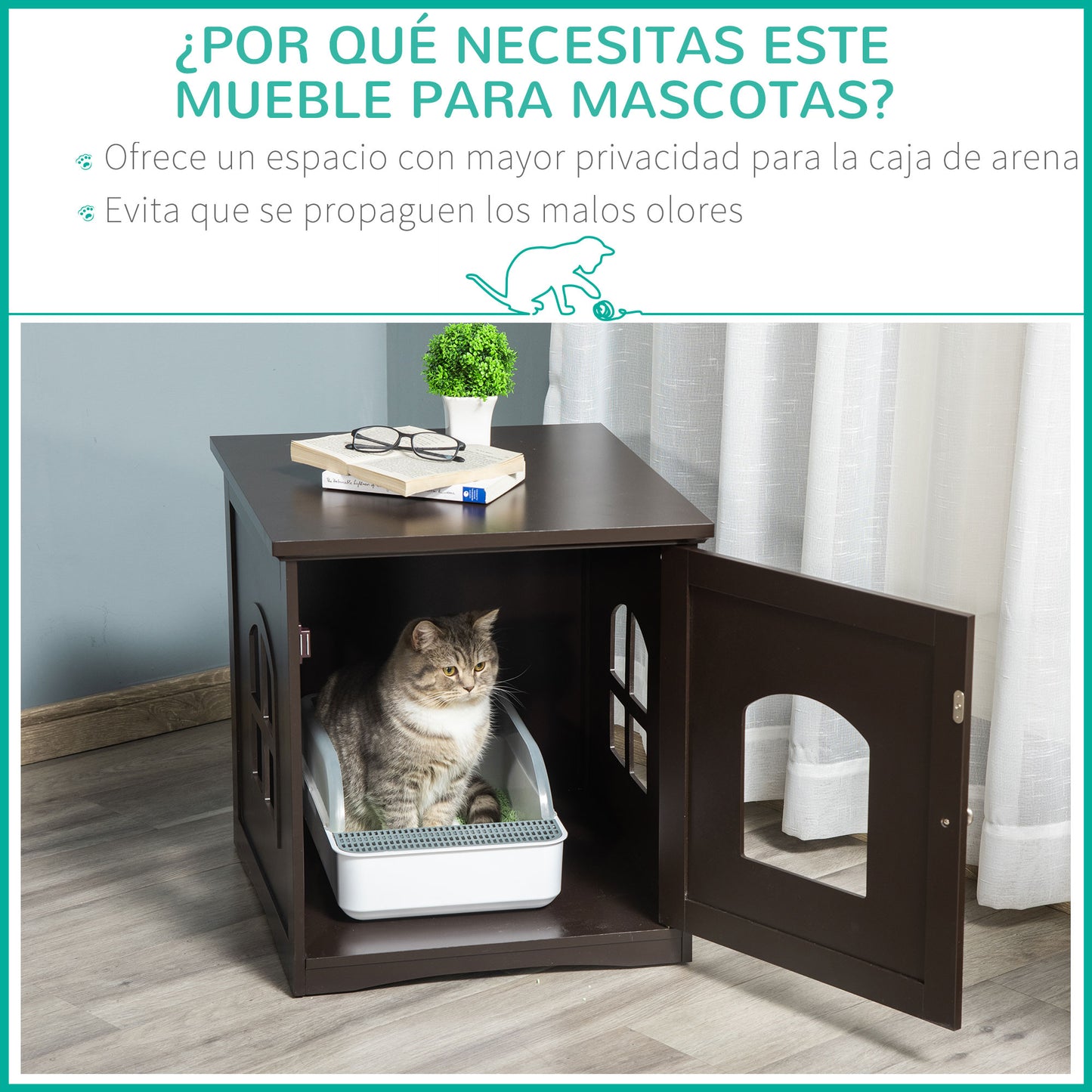 PawHut Mueble Arenero para Gatos 2 en 1 Casa para Gatos de Madera con Armario de Almacenaje Encimera Amplio Puerta y 2 Ventanas Cruzadas 48,7x53,3x53 cm Café