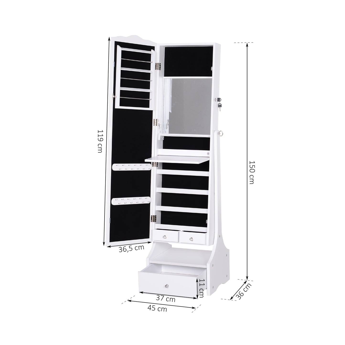 HOMCOM Espejo Joyero de Pie Armario de Joyería con Luces LED Cerradura Cajones Espejo y Mesa Interior Abatible para Comésticos 45x36x150cm