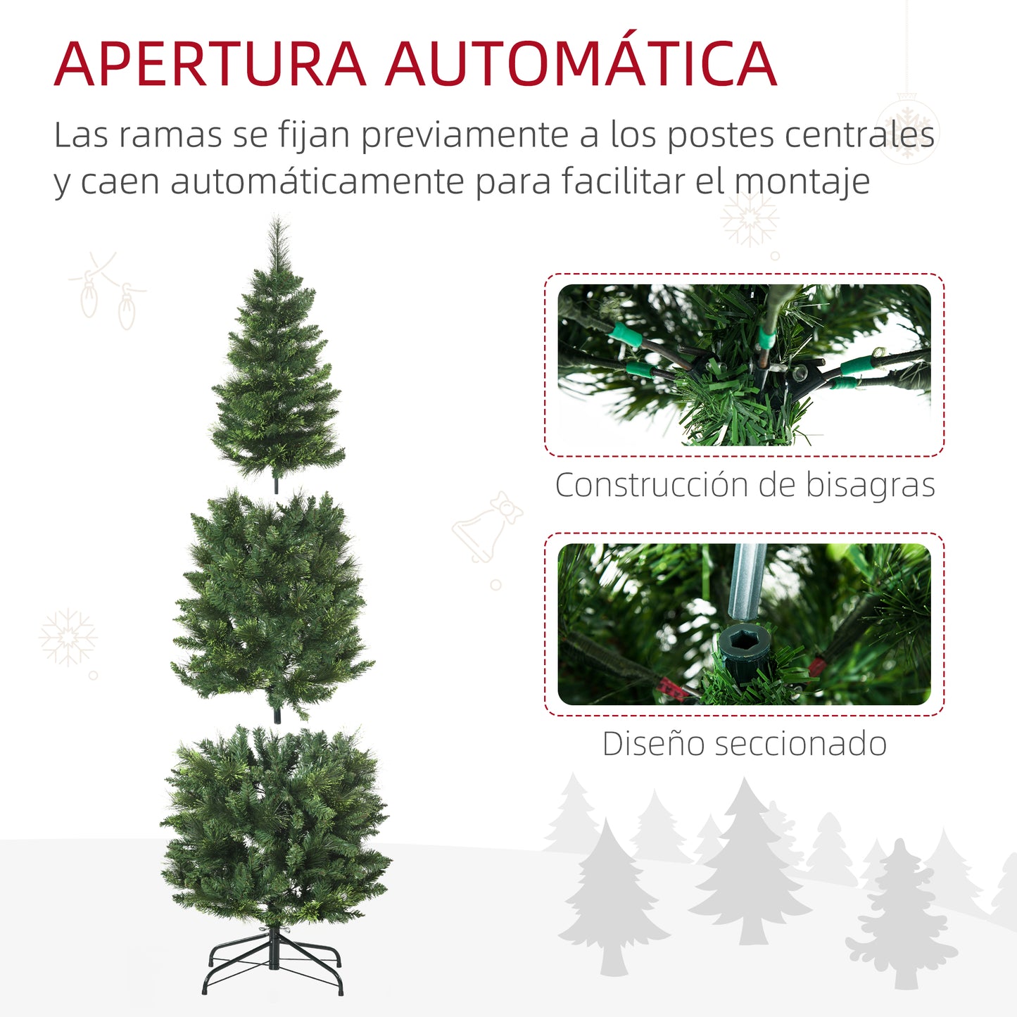 HOMCOM Árbol de Navidad Artificial de 180 cm Árbol Navideño con 618 Ramas Agujas de Pino Apertura Automática y Base Plegable de Acero Ø70x180 cm Verde