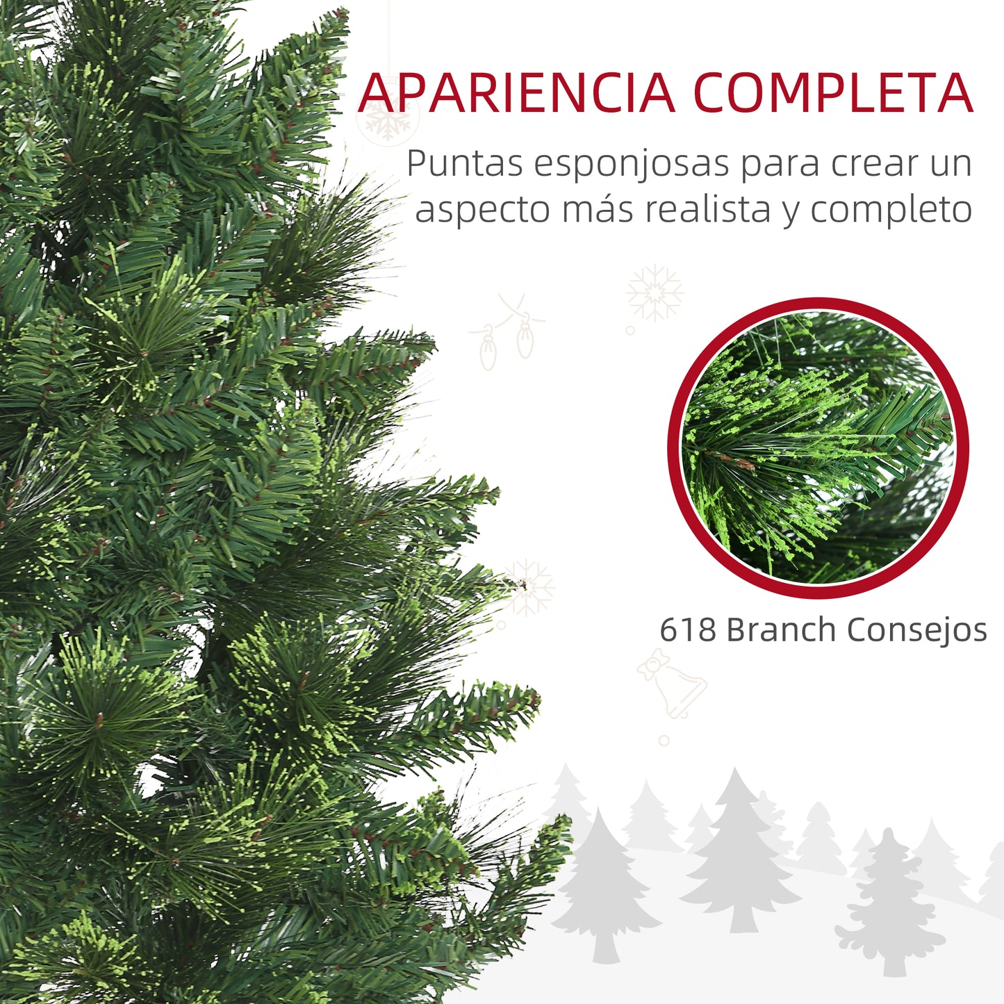 HOMCOM Árbol de Navidad Artificial de 180 cm Árbol Navideño con 618 Ramas Agujas de Pino Apertura Automática y Base Plegable de Acero Ø70x180 cm Verde