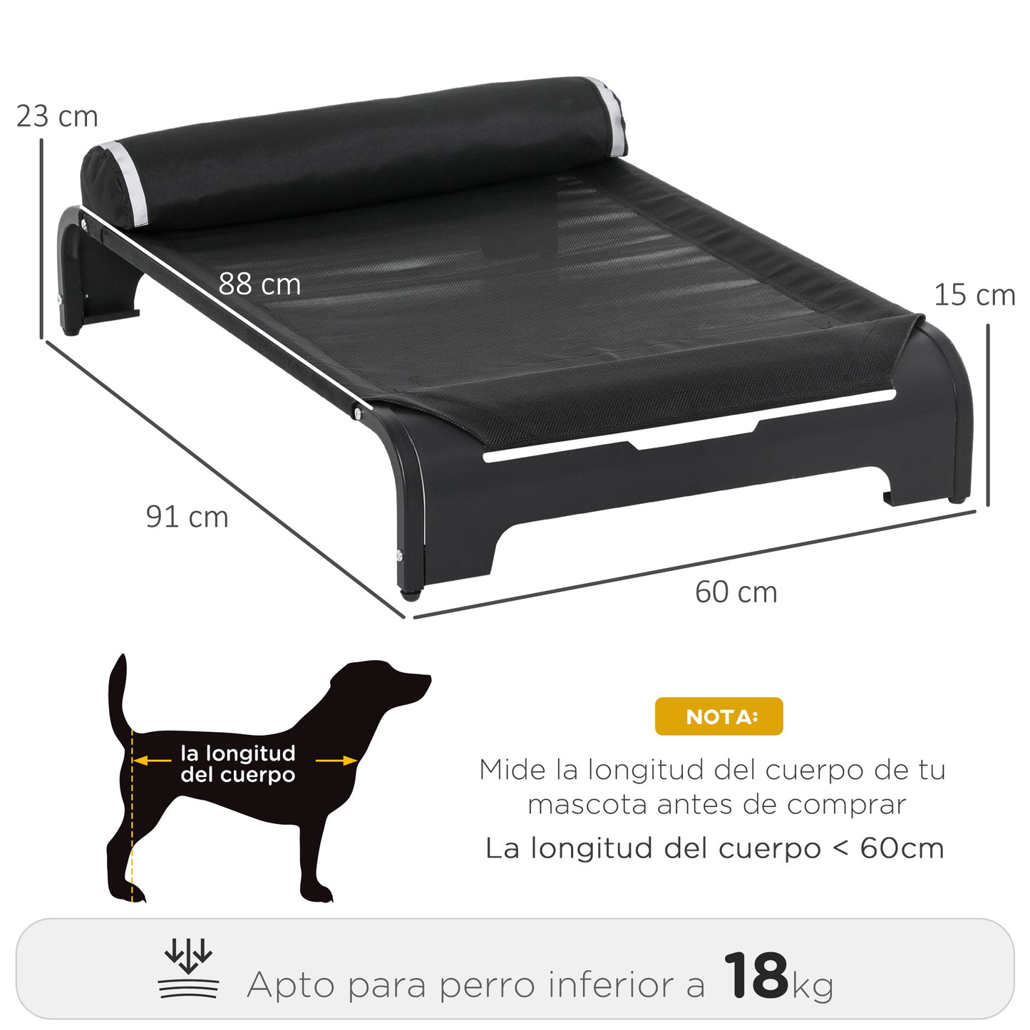 PawHut Cama Elevada para Mascotas Perros Gatos Tela Transpirable con Almohada Extraíble Exterior Interior Jardín Terraza 91x60x23 cm Negro