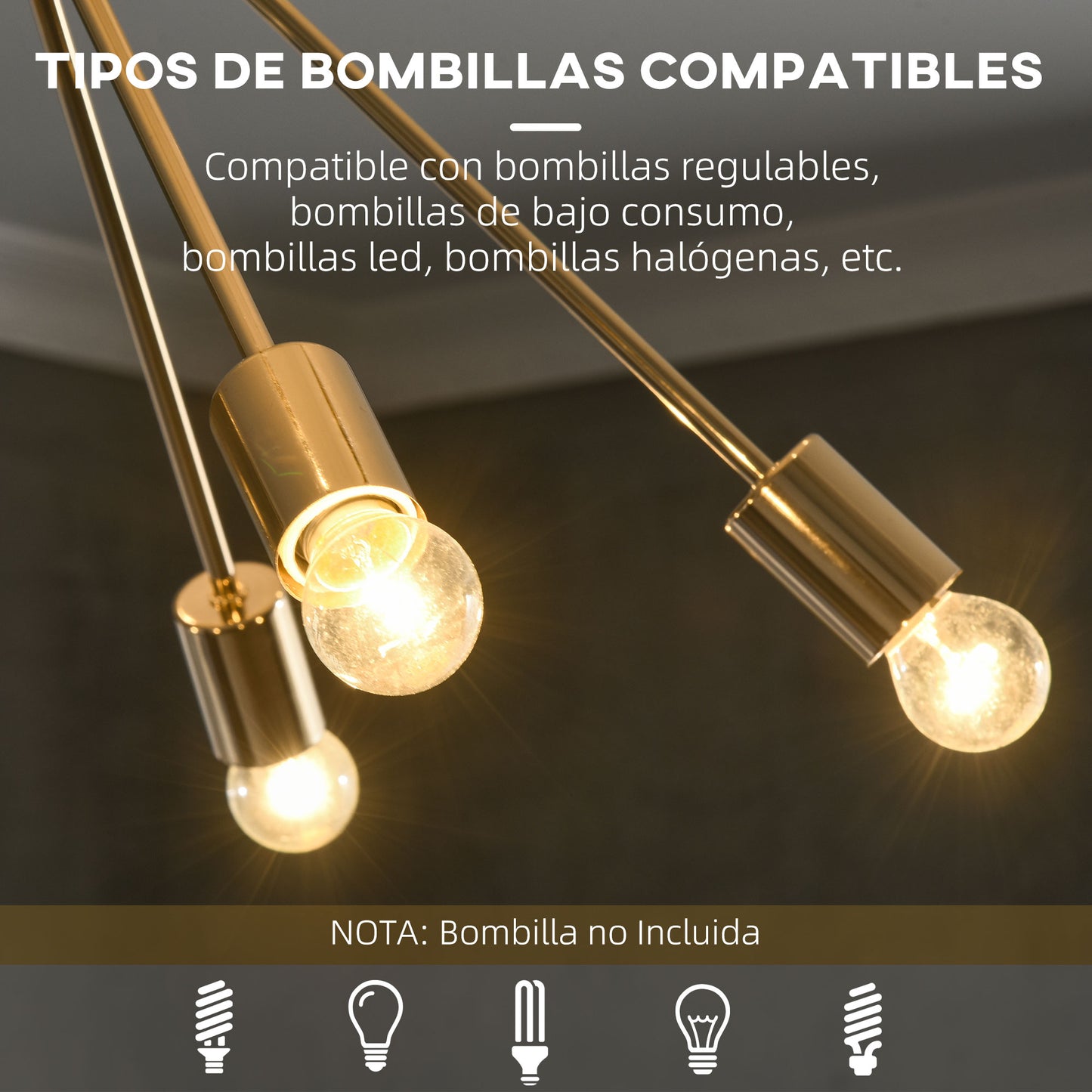 HOMCOM Lámpara Colgante Moderno Tipo de Araña Satélite Lámparas de Techo de Metal Casquillo E27 Máx. 25W para Salón Dormitorio Cocina 65x65x74 cm Dorado