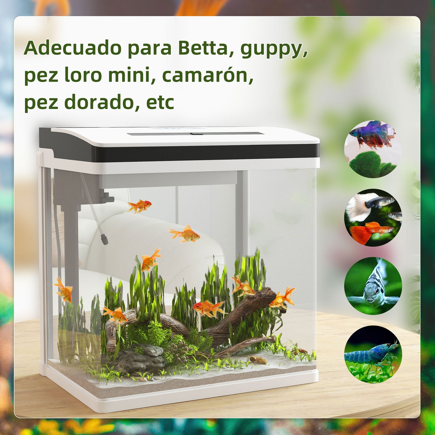 PawHut Acuario de Cristal de 28L Pecera Pequeña con Sistema de Filtro Iluminación LED Bomba de Agua 38x26x39,5 cm Blanco