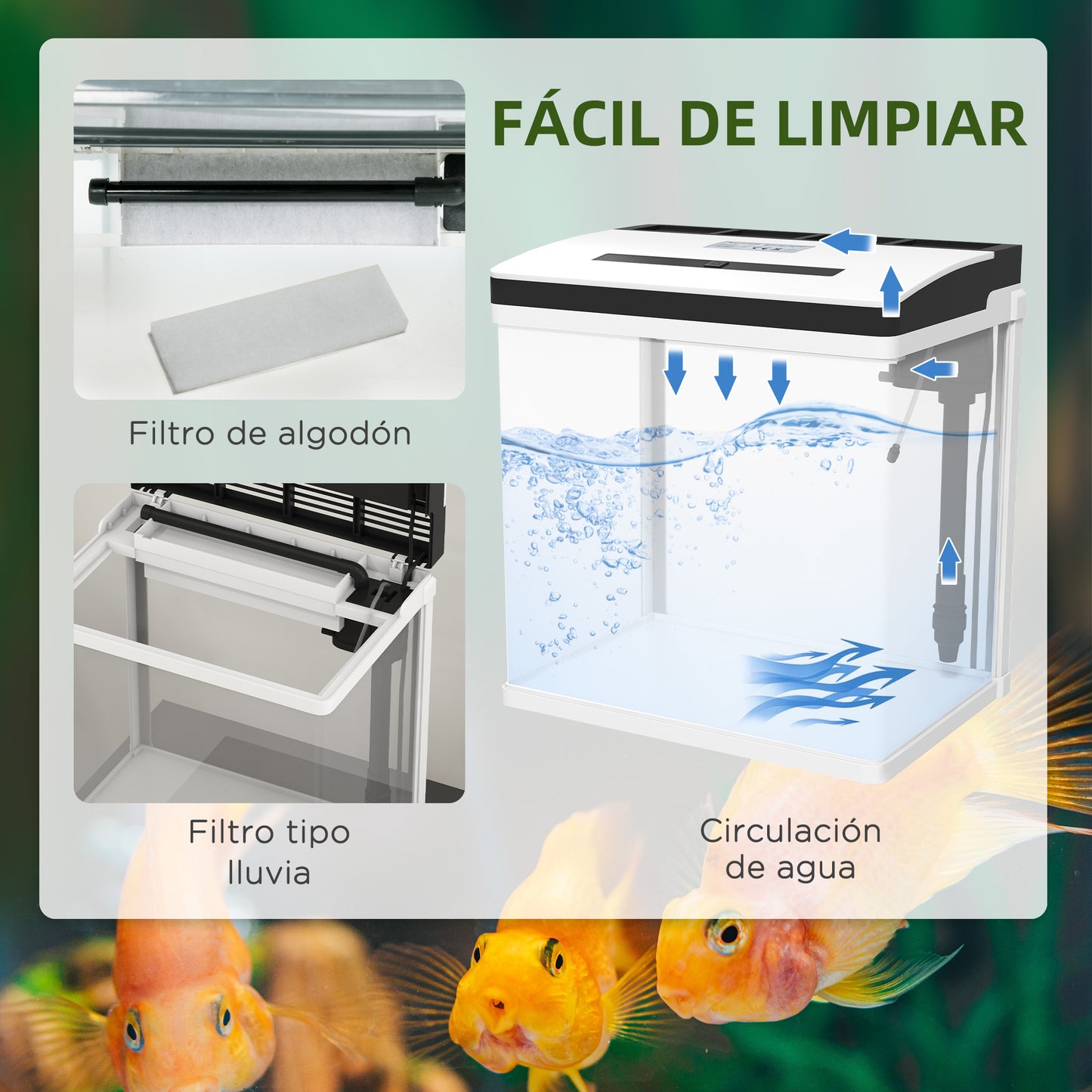 PawHut Acuario de Cristal de 28L Pecera Pequeña con Sistema de Filtro Iluminación LED Bomba de Agua 38x26x39,5 cm Blanco