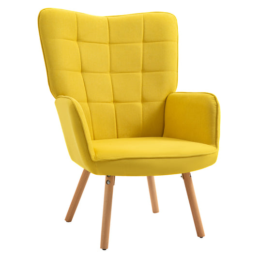 HOMCOM Sillón de Salón Moderno Butaca de Dormitorio con Respaldo Alto Reposabrazos Tela de Lino y Patas de Madera para Sala de Estar 71x76x101 cm Amarillo