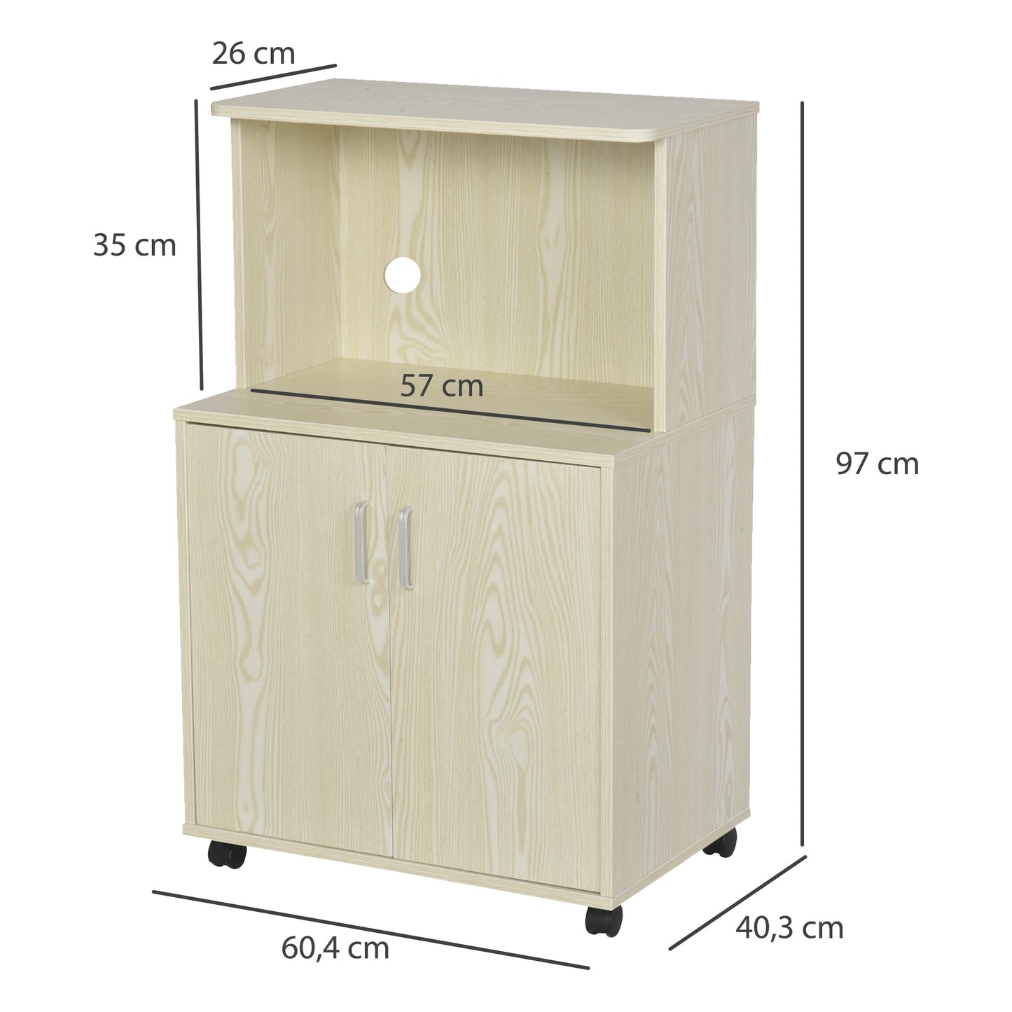 HOMCOM Aparador Auxiliar para Microondas Armario Bajo de Cocina con Armario de 2 Puertas y Estante Ajustable con Ruedas Carga 70 kg 60,4x40,3x97 cm Roble