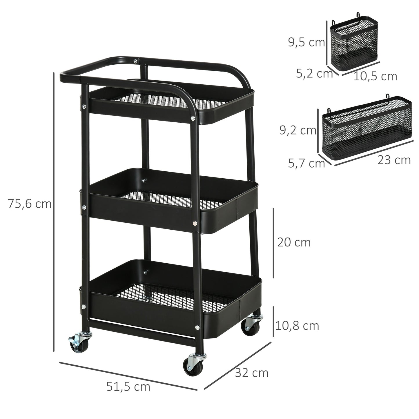 HOMCOM Carrito de Cocina de Acero con Ruedas Carro de Almacenamiento de 3 Niveles 4 Ganchos Asa 2 Cestas Colgantes y Frenos para Baño Salón Dormitorio 51,5x32x75,6 cm Negro