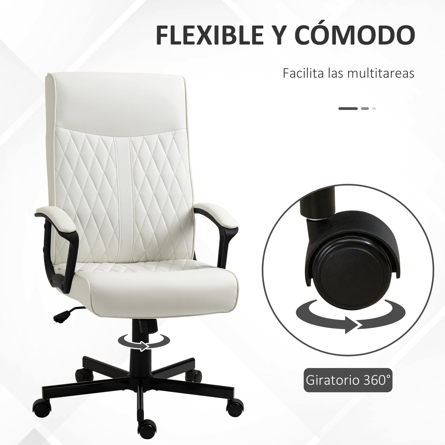 Vinsetto Silla de Oficina Giratoria Silla de Escritorio Basculante Tapizado en PU con Respaldo Alto y Altura Ajustable para Salón Oficina Carga 120 kg 65x72x102-112,5 cm Crema