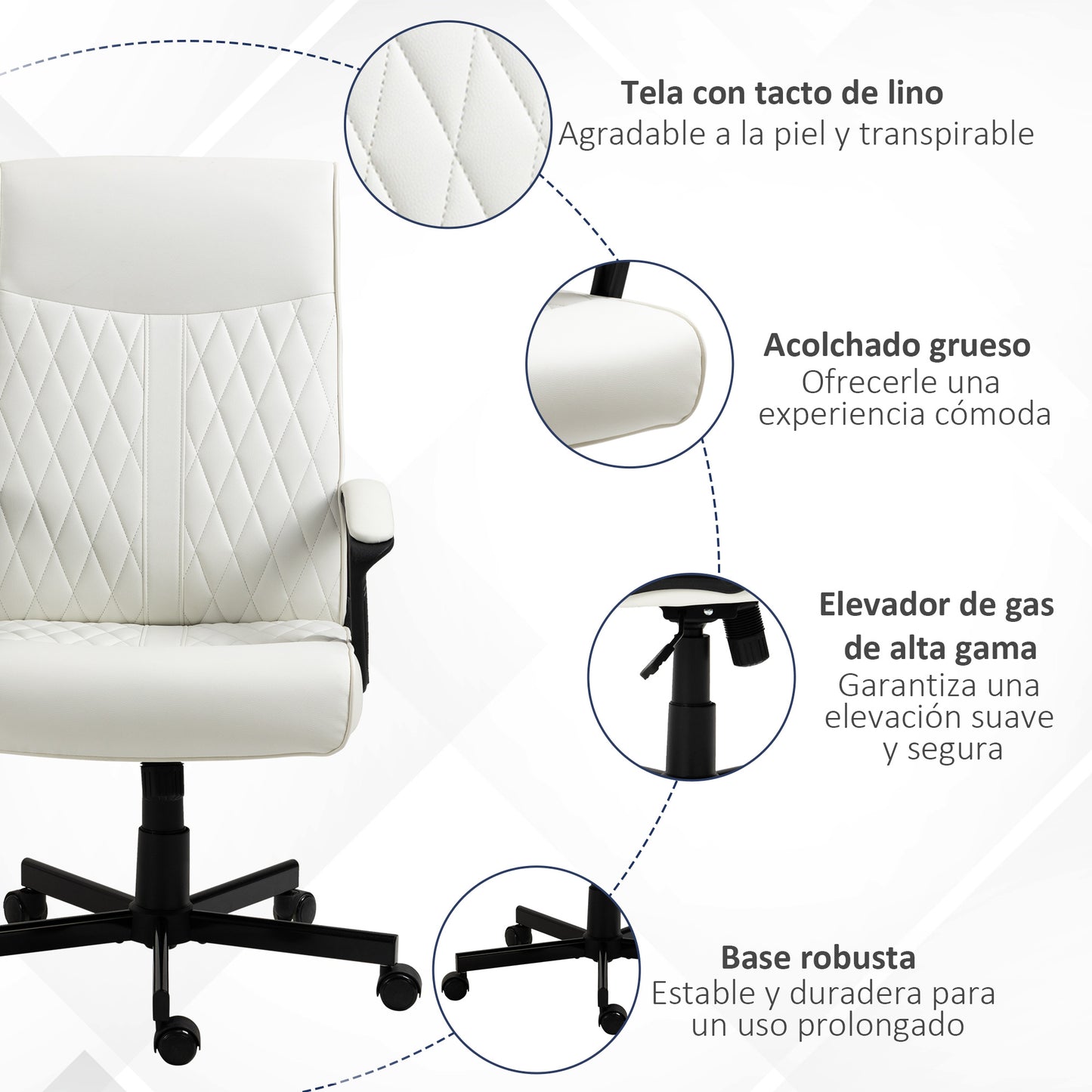 Vinsetto Silla de Oficina Giratoria Silla de Escritorio Basculante Tapizado en PU con Respaldo Alto y Altura Ajustable para Salón Oficina Carga 120 kg 65x72x102-112,5 cm Crema