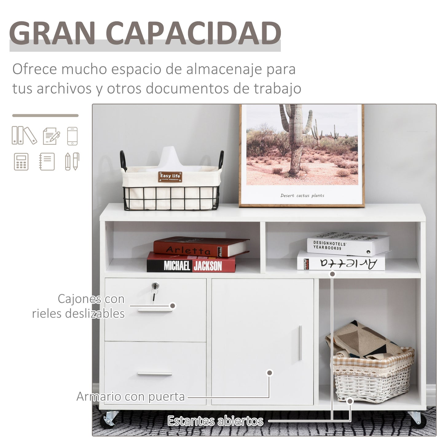 HOMCOM Mueble Auxiliar de Oficina Mueble Archivador con Ruedas Estantes y Cajones Armario Multiusos con Gran Almacenaje 100x35x65 cm Blanco