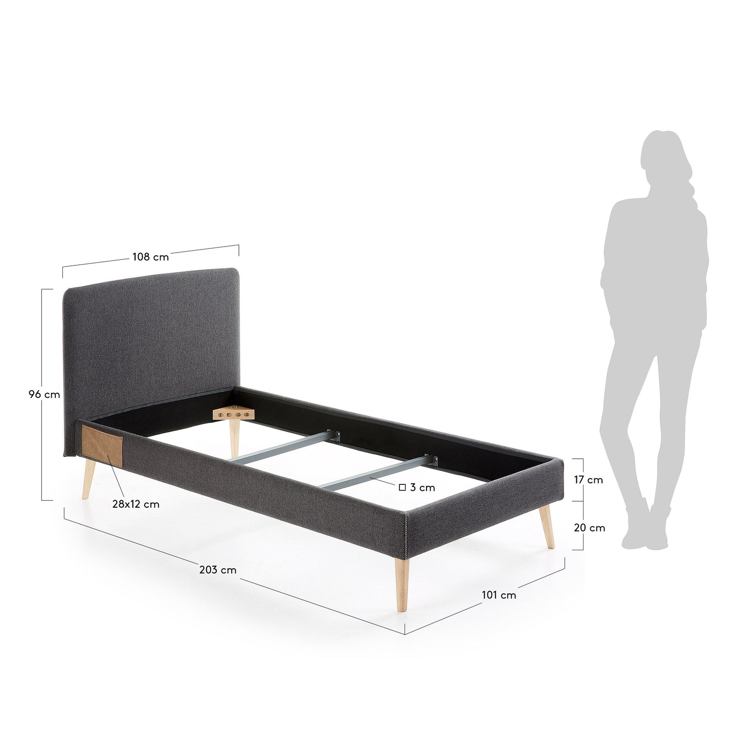 Cama desenfundable Dyla negro patas de madera maciza de haya para colchón de 90 x 190 cm