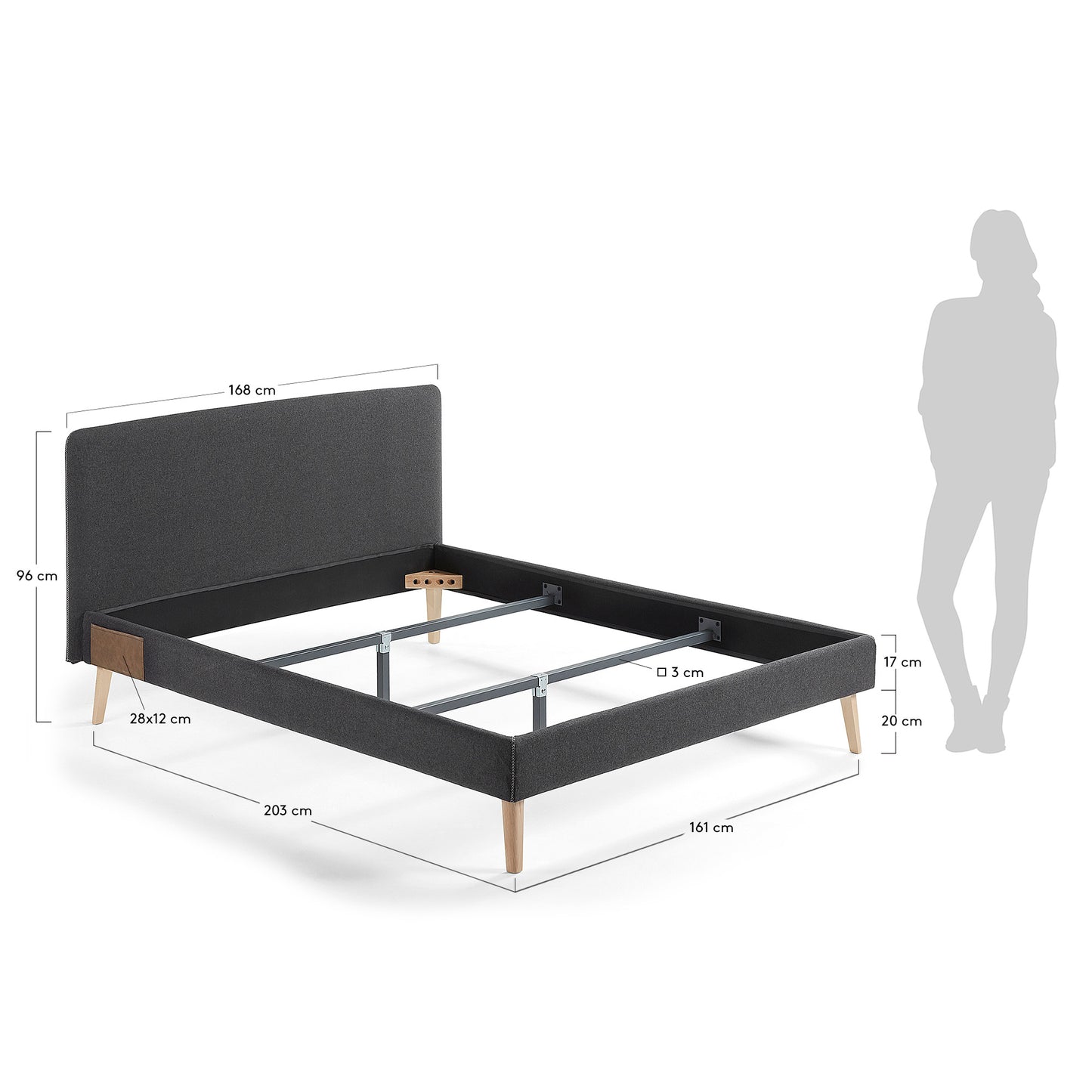 Cama desenfundable Dyla negro patas de madera maciza de haya para colchón de 150 x 190 cm