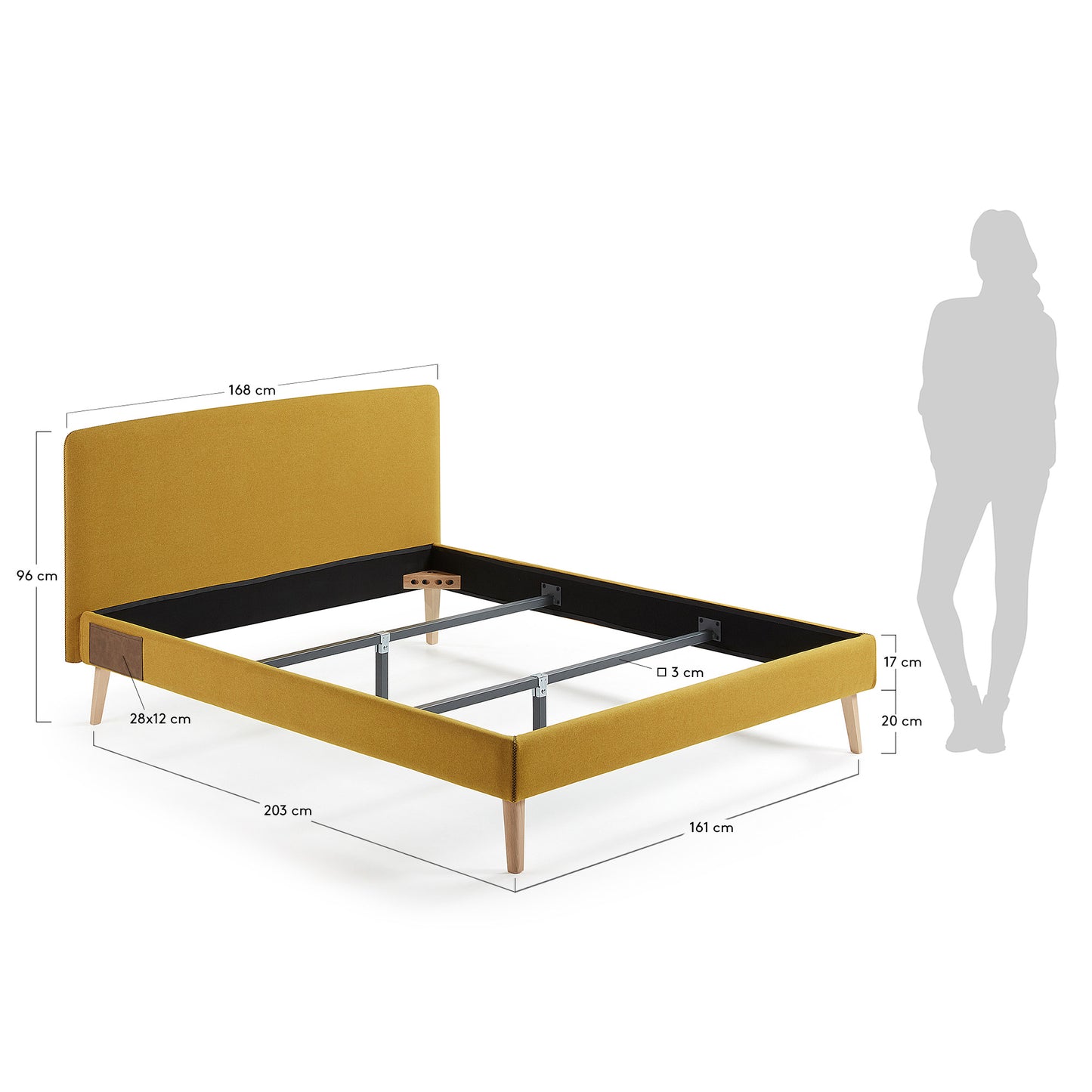 Cama desenfundable Dyla mostaza patas madera maciza de haya para colchón de 150 x 190 cm