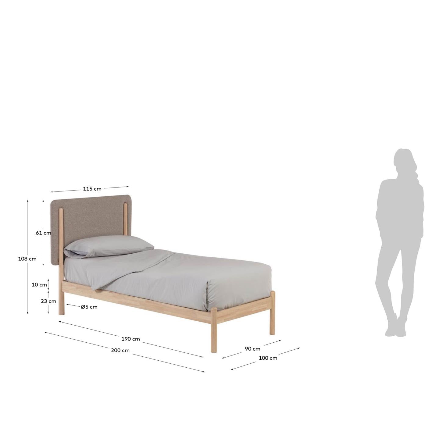 Cama Shayndel de madera maciza de caucho para colchón de 90 x 190 cm