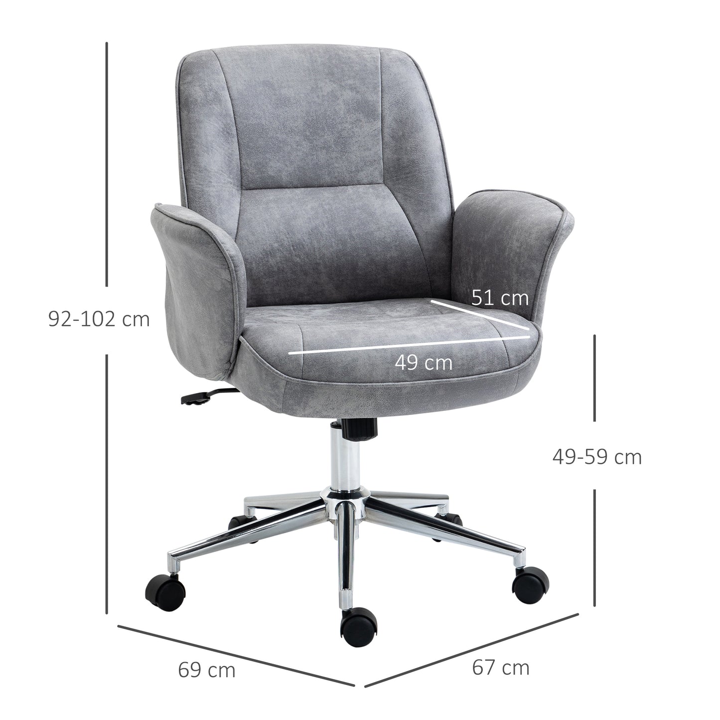 Vinsetto Silla de Oficina Basculante Silla de Escritorio Giratoria Tapizado en Microfibra Altura Ajustable con Reposabrazos Respaldo Asiento Acolchado 67x69x92-102 cm Gris