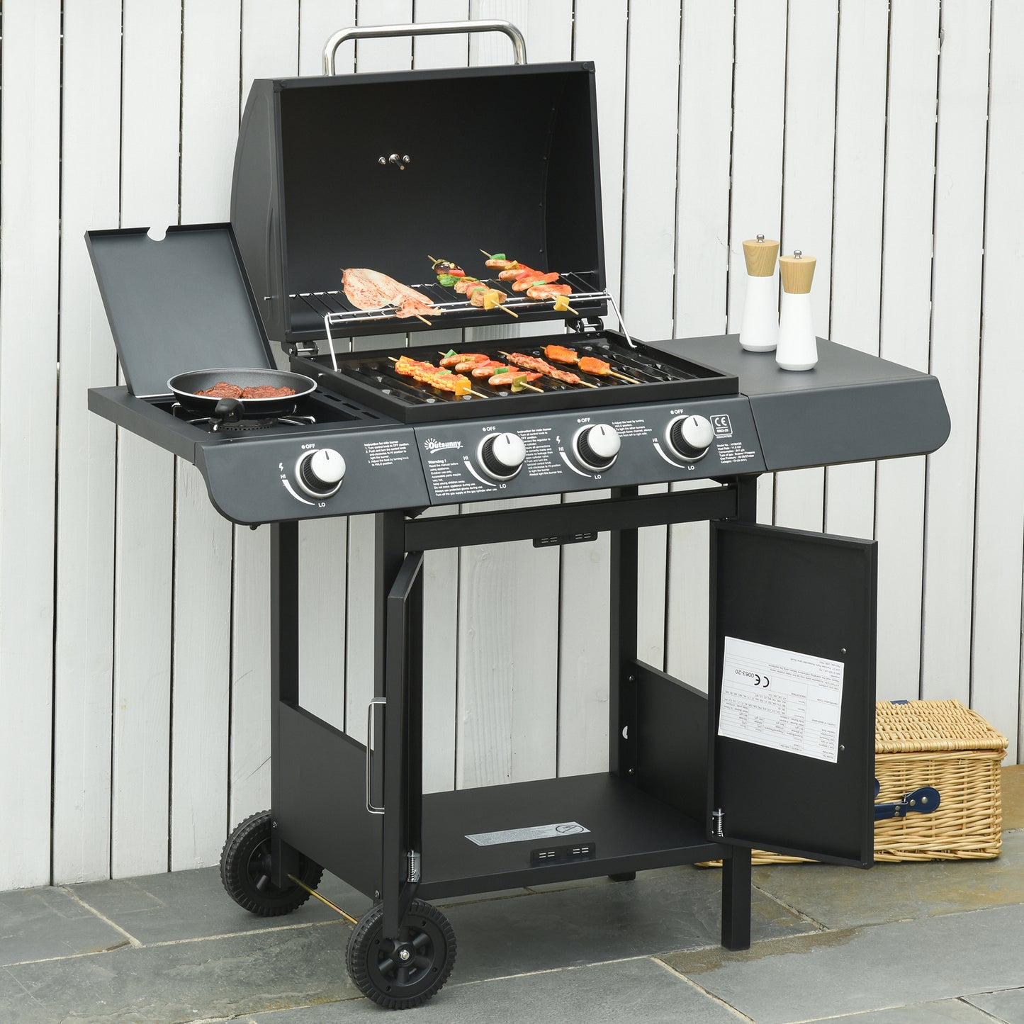 Outsunny Barbacoa de Gas BBQ con 3+1 Quemadores 11,6 KW 2 Mesas Laterales Armario de 2 Puertas Termómetro y 2 Ruedas Acero Inoxidable 110x50x100 cm Negro