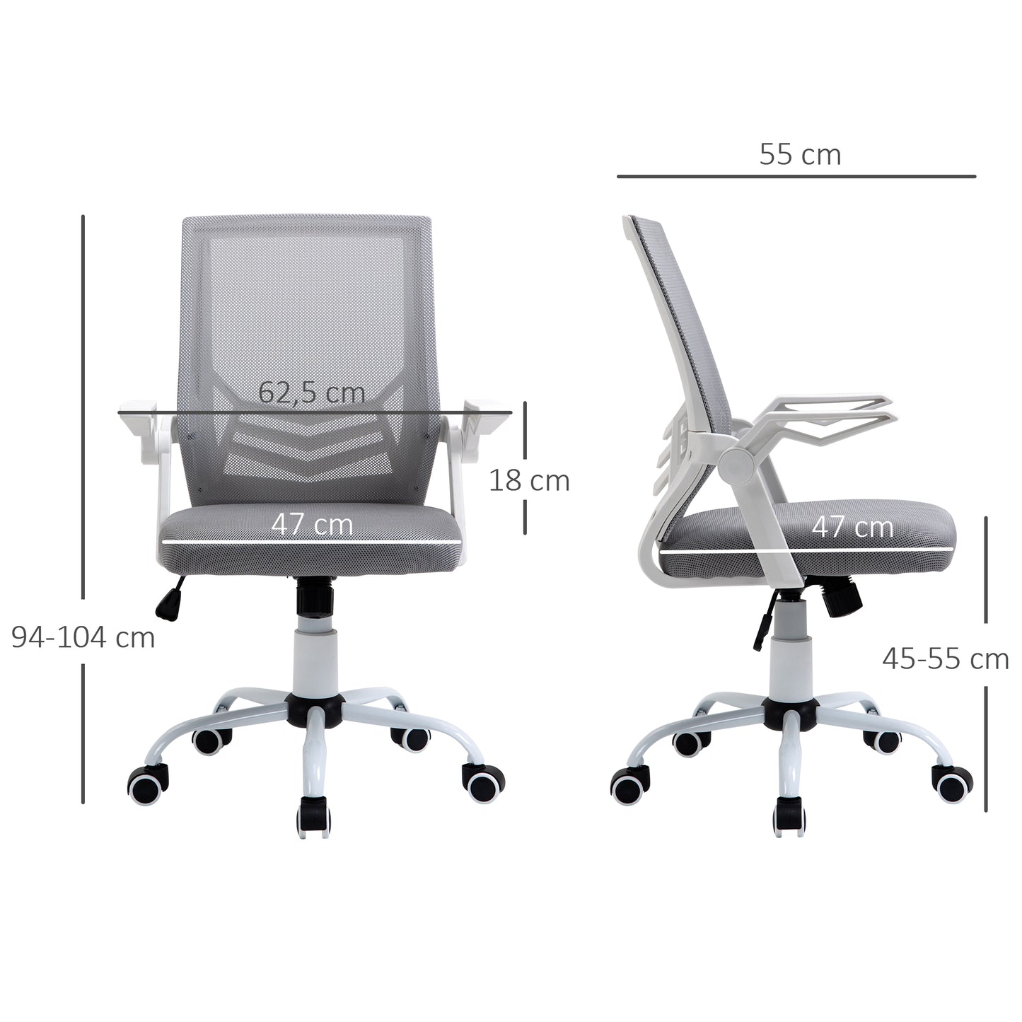 Vinsetto Silla de Oficina Ergonómica Silla de Malla con Altura Ajustable Reposabrazos Abatible Soporte Lumbar Transpirable para Adolescentes Adultos 62,5x55x94-104 cm Gris