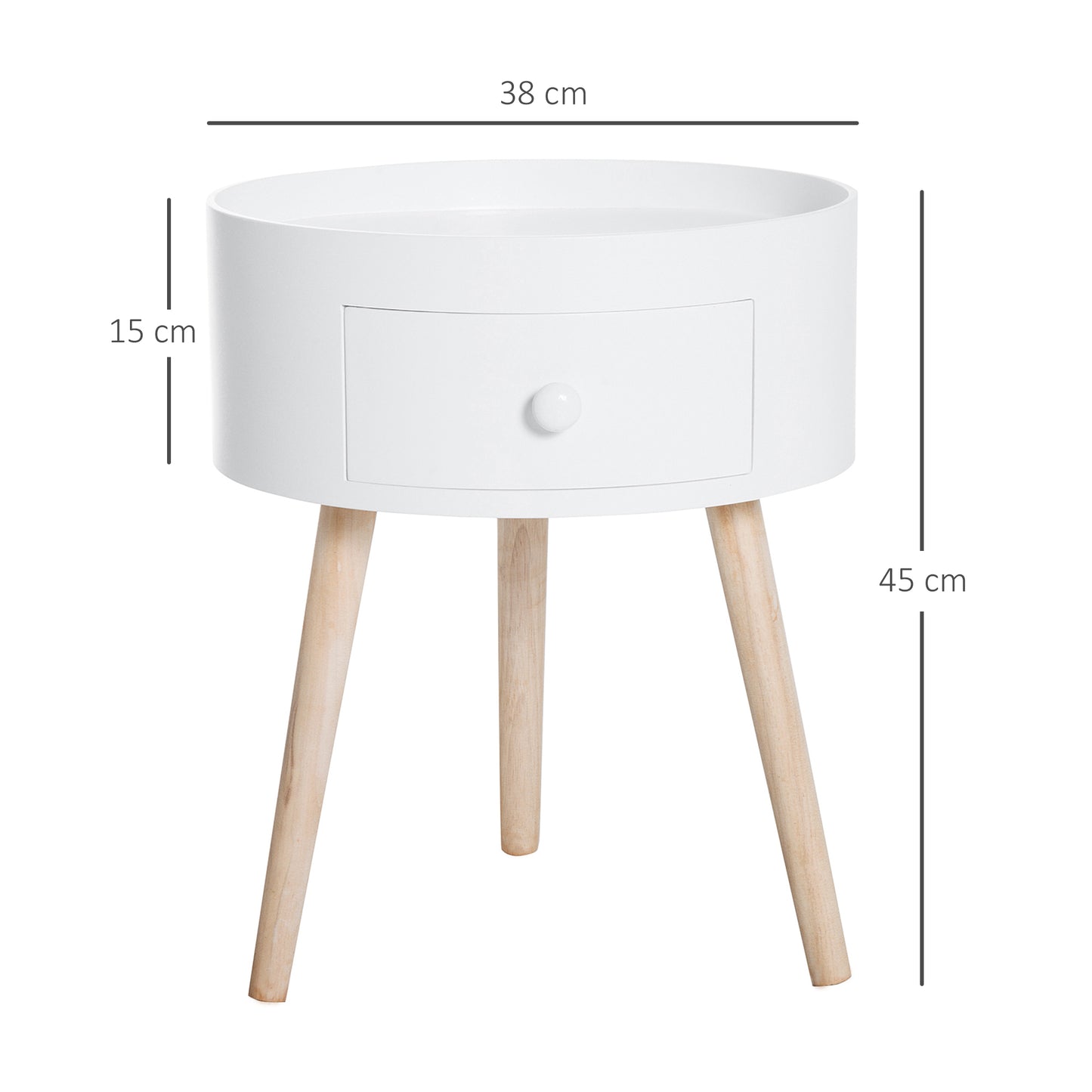 HOMCOM Mesita de Noche con 1 Cajón Mesa Auxiliar Redonda con Borde Elevado y 3 Patas de Madera para Dormitorio Sala de Estar Estilo de Moderno Ø38x45 cm Blanco